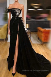 Gorgeous Strapless Split Front A-line Semi Formal Prom Dresses With Beading